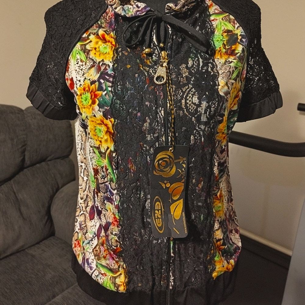 Turkish Made Mixed Media Stylish Zip Up, Mesh Sleeve Blouse